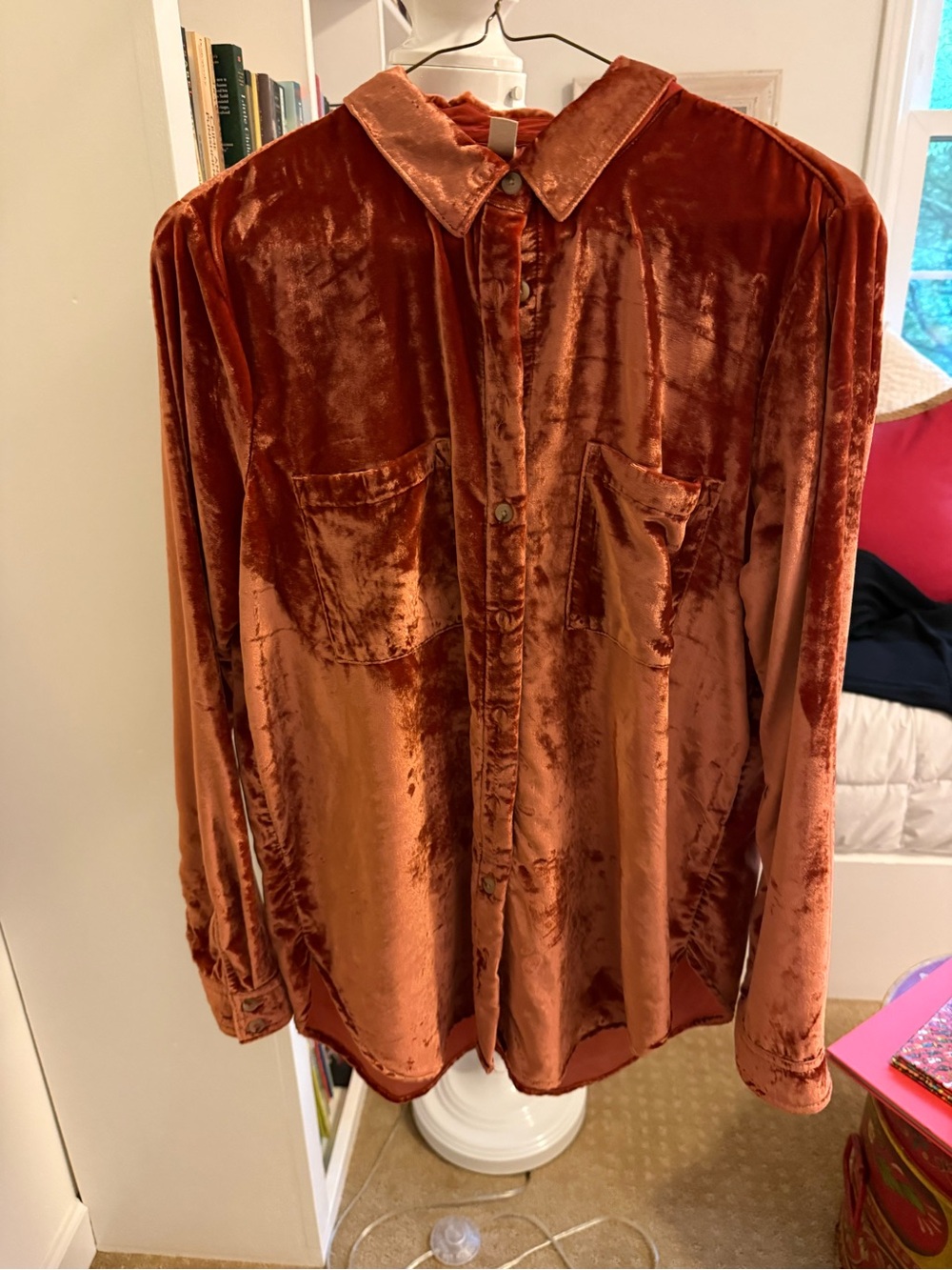 Anthropologie Velvet Button-Up Shirt in Burnt Orange